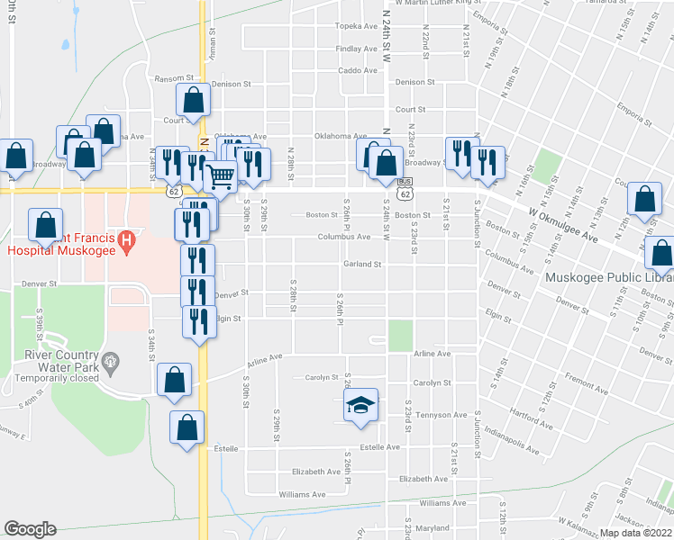 map of restaurants, bars, coffee shops, grocery stores, and more near 2601 Garland Street in Muskogee