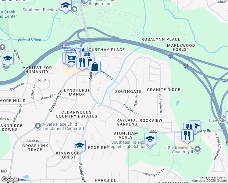 map of restaurants, bars, coffee shops, grocery stores, and more near 1917 Southgate Drive in Raleigh
