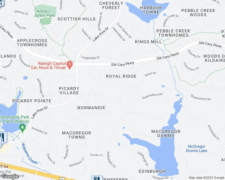 map of restaurants, bars, coffee shops, grocery stores, and more near 105 King Edward Court in Cary