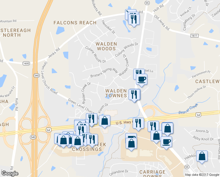 map of restaurants, bars, coffee shops, grocery stores, and more near 1614 Shepherds Glade Drive in Apex