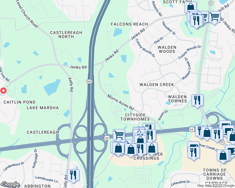 map of restaurants, bars, coffee shops, grocery stores, and more near 7232 Morris Acres Road in Apex