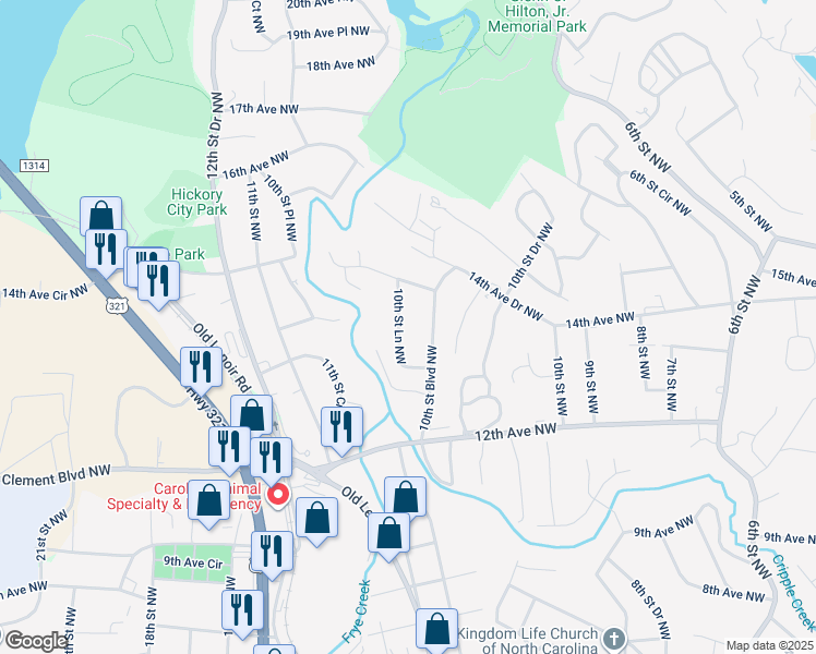 map of restaurants, bars, coffee shops, grocery stores, and more near 1246 10th Street Lane Northwest in Hickory