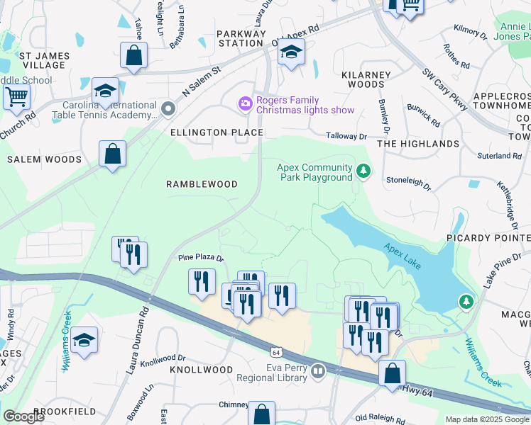 map of restaurants, bars, coffee shops, grocery stores, and more near 710 Edgewater Ridge Court in Apex