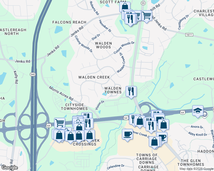 map of restaurants, bars, coffee shops, grocery stores, and more near 1614 Shepherds Glade Drive in Apex