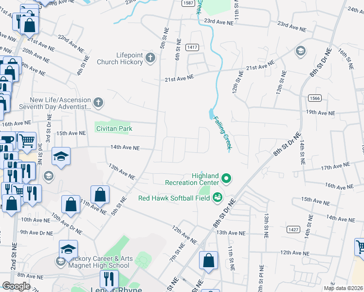 map of restaurants, bars, coffee shops, grocery stores, and more near 1520 5th Street Northeast in Hickory