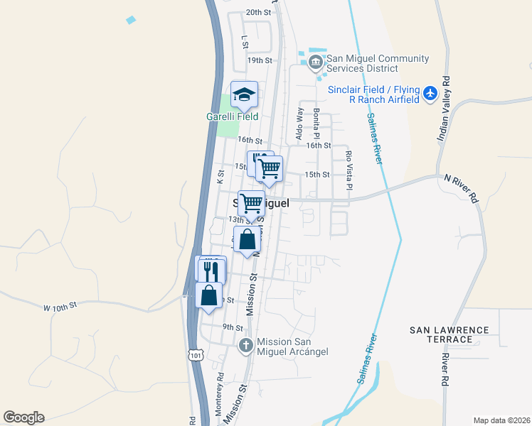 map of restaurants, bars, coffee shops, grocery stores, and more near 1300 Mission Street in San Miguel