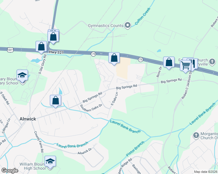 map of restaurants, bars, coffee shops, grocery stores, and more near 715 Camellia Trace Drive in Maryville