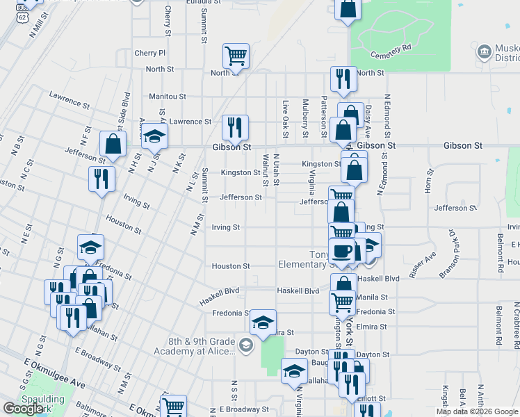 map of restaurants, bars, coffee shops, grocery stores, and more near 1001 Walnut Street in Muskogee