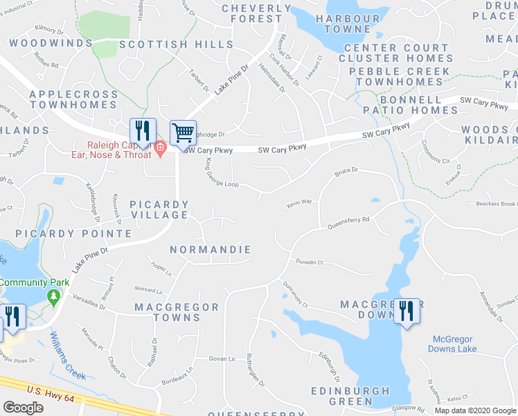 map of restaurants, bars, coffee shops, grocery stores, and more near 105 King Edward Court in Cary