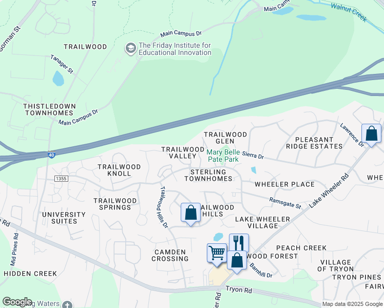 map of restaurants, bars, coffee shops, grocery stores, and more near 2201 Long Pine Lane in Raleigh