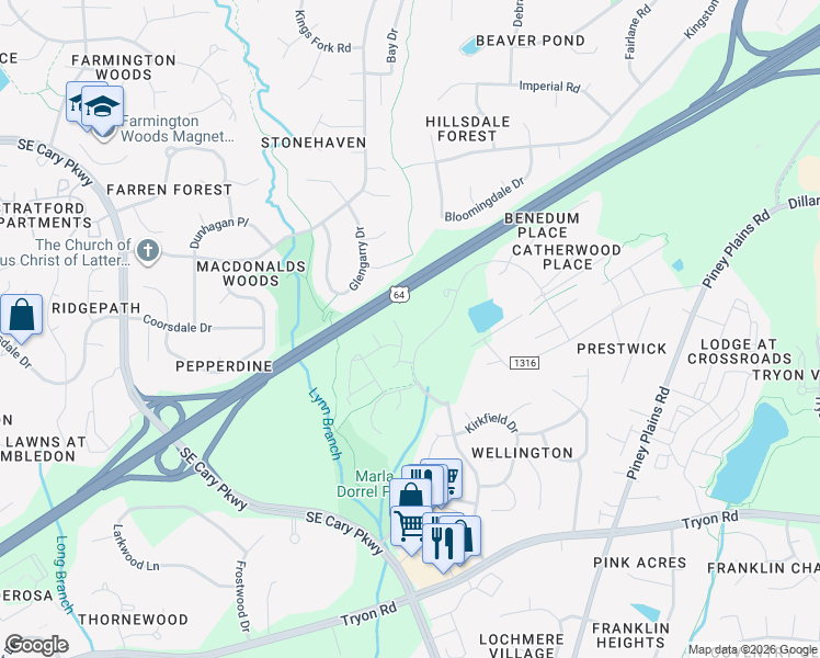 map of restaurants, bars, coffee shops, grocery stores, and more near 1223 Renshaw Court in Cary