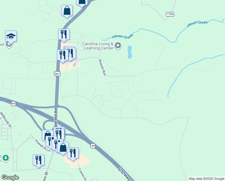 map of restaurants, bars, coffee shops, grocery stores, and more near 218 Imagine Way in Pittsboro
