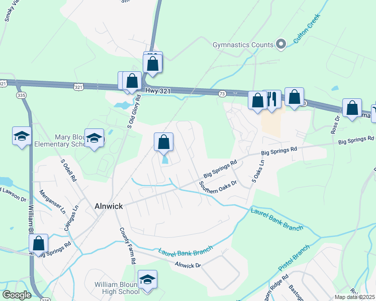 map of restaurants, bars, coffee shops, grocery stores, and more near 185 Watson Drive in Maryville