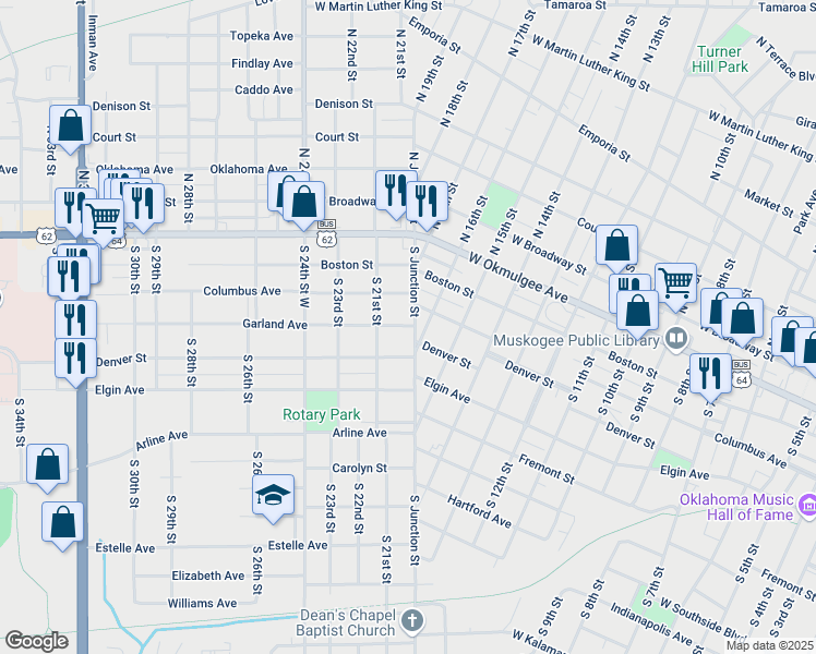 map of restaurants, bars, coffee shops, grocery stores, and more near 309 South Junction Street in Muskogee