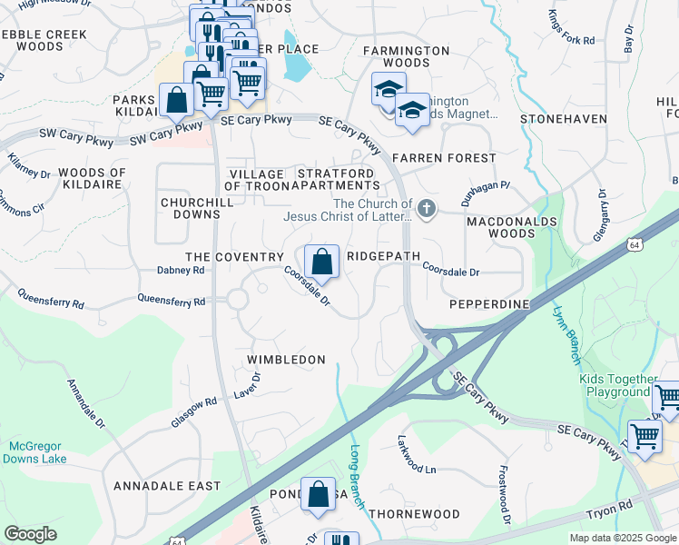map of restaurants, bars, coffee shops, grocery stores, and more near 115 Wilander Drive in Cary