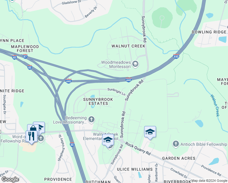 map of restaurants, bars, coffee shops, grocery stores, and more near 3554 Sunbright Lane in Raleigh