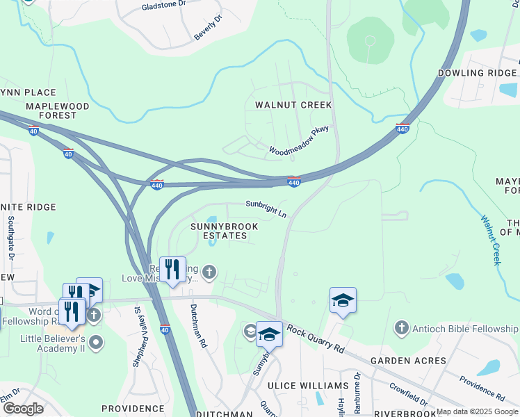 map of restaurants, bars, coffee shops, grocery stores, and more near 3554 Sunbright Lane in Raleigh