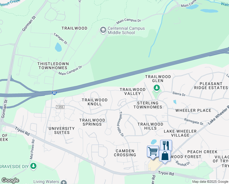 map of restaurants, bars, coffee shops, grocery stores, and more near 1801 Trailwood Heights Lane in Raleigh