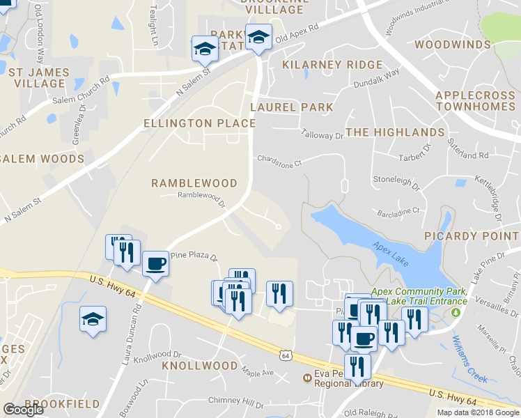 map of restaurants, bars, coffee shops, grocery stores, and more near 2060 Laura Duncan Road in Apex