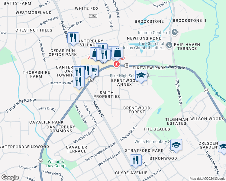 map of restaurants, bars, coffee shops, grocery stores, and more near 2214 Somerset Drive North in Wilson