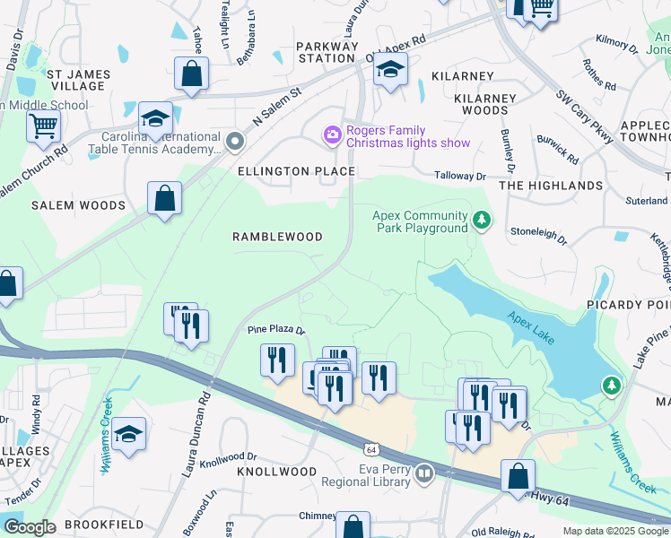 map of restaurants, bars, coffee shops, grocery stores, and more near 2060 Laura Duncan Road in Apex