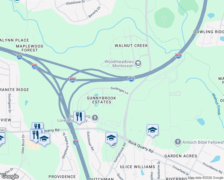 map of restaurants, bars, coffee shops, grocery stores, and more near 3529 Sunbright Lane in Raleigh