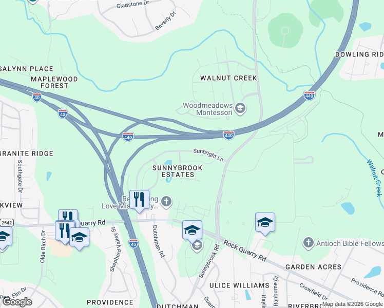 map of restaurants, bars, coffee shops, grocery stores, and more near 3529 Sunbright Lane in Raleigh
