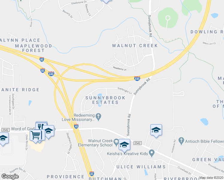 map of restaurants, bars, coffee shops, grocery stores, and more near 3529 Sunbright Lane in Raleigh