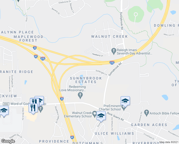 map of restaurants, bars, coffee shops, grocery stores, and more near 3425 Sunbright Lane in Raleigh