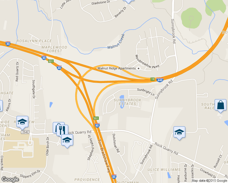 map of restaurants, bars, coffee shops, grocery stores, and more near 3317 Sunbright Lane in Raleigh