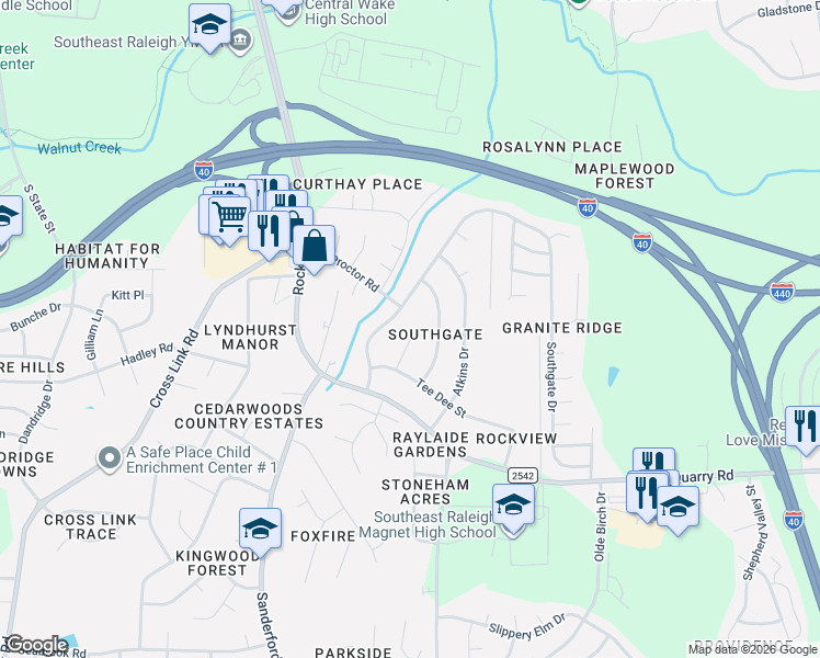map of restaurants, bars, coffee shops, grocery stores, and more near 2000 Crawford Road in Raleigh