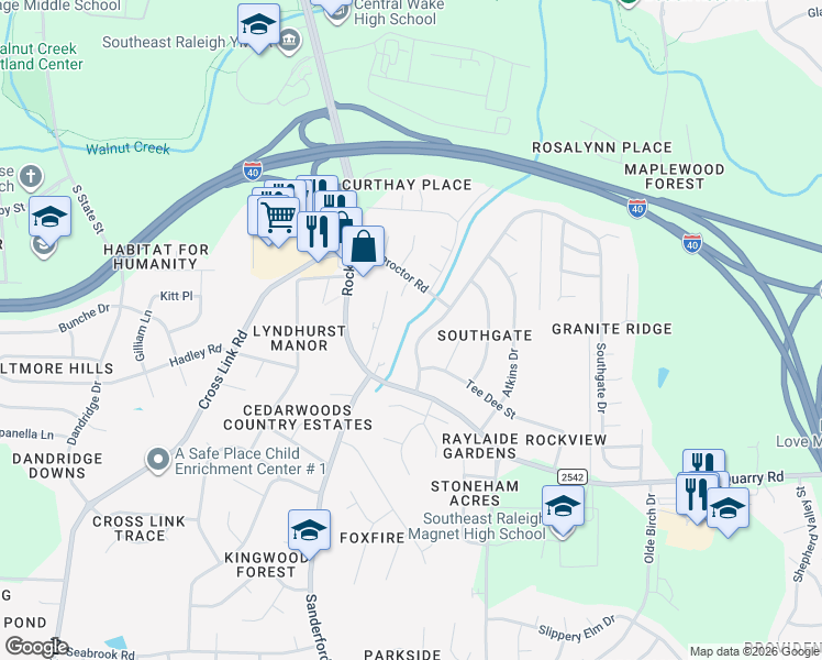 map of restaurants, bars, coffee shops, grocery stores, and more near 1900 Edwin Drive in Raleigh
