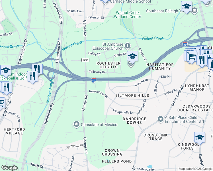 map of restaurants, bars, coffee shops, grocery stores, and more near 600 Hadley Road in Raleigh