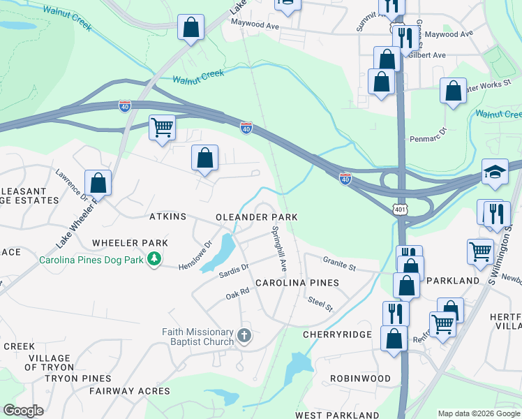 map of restaurants, bars, coffee shops, grocery stores, and more near 2305 Springhill Avenue in Raleigh