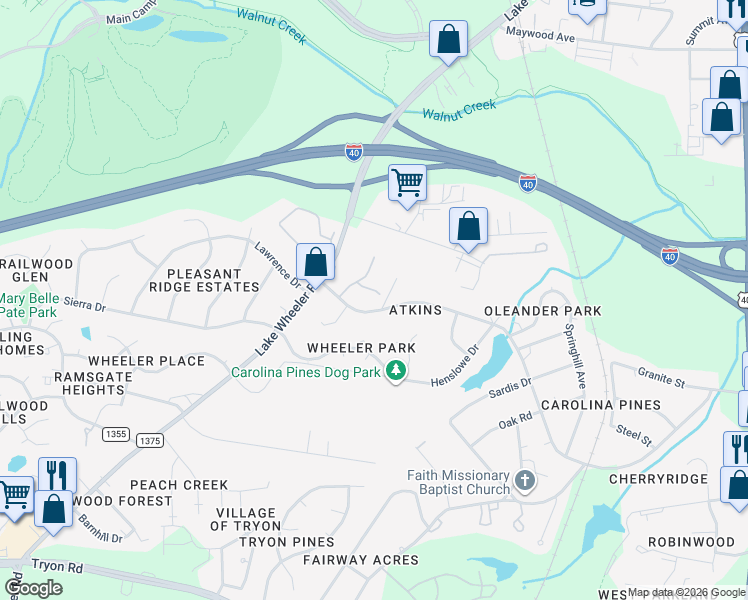 map of restaurants, bars, coffee shops, grocery stores, and more near 1501 Creekwood Court in Raleigh