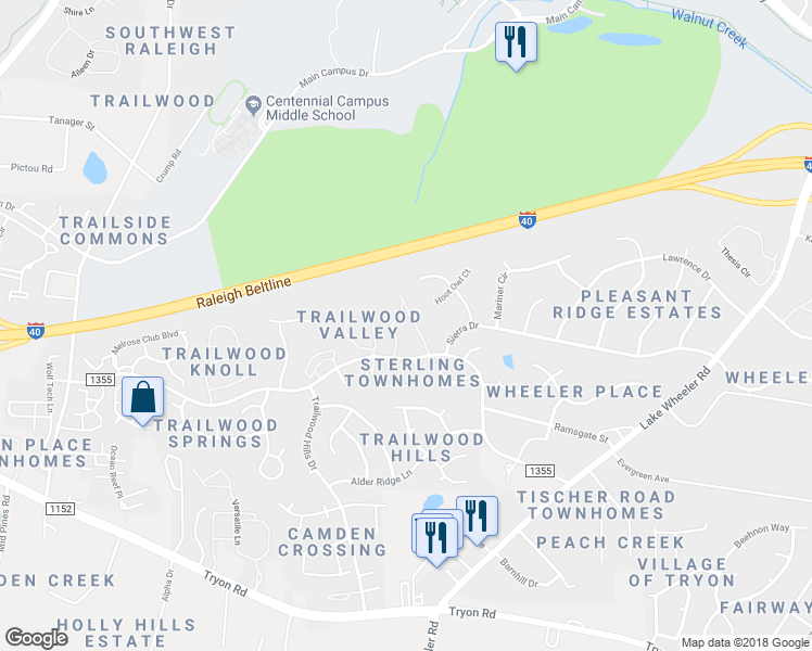 map of restaurants, bars, coffee shops, grocery stores, and more near 2316 Hoot Owl Court in Raleigh