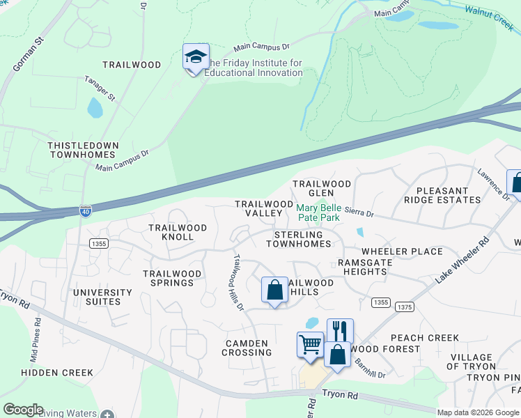 map of restaurants, bars, coffee shops, grocery stores, and more near 2220 Trailwood Valley Circle in Raleigh