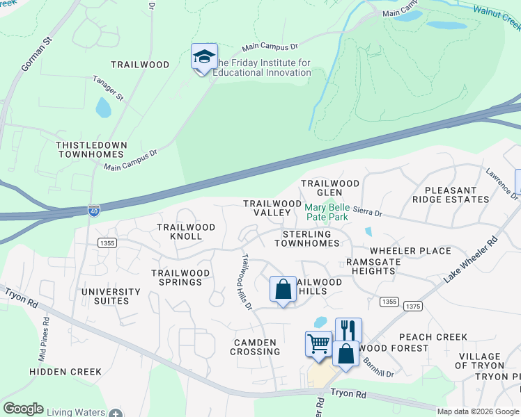 map of restaurants, bars, coffee shops, grocery stores, and more near 2220 Trailwood Valley Circle in Raleigh