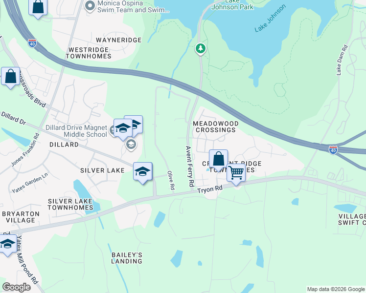 map of restaurants, bars, coffee shops, grocery stores, and more near 5400 Avent Ferry Road in Raleigh