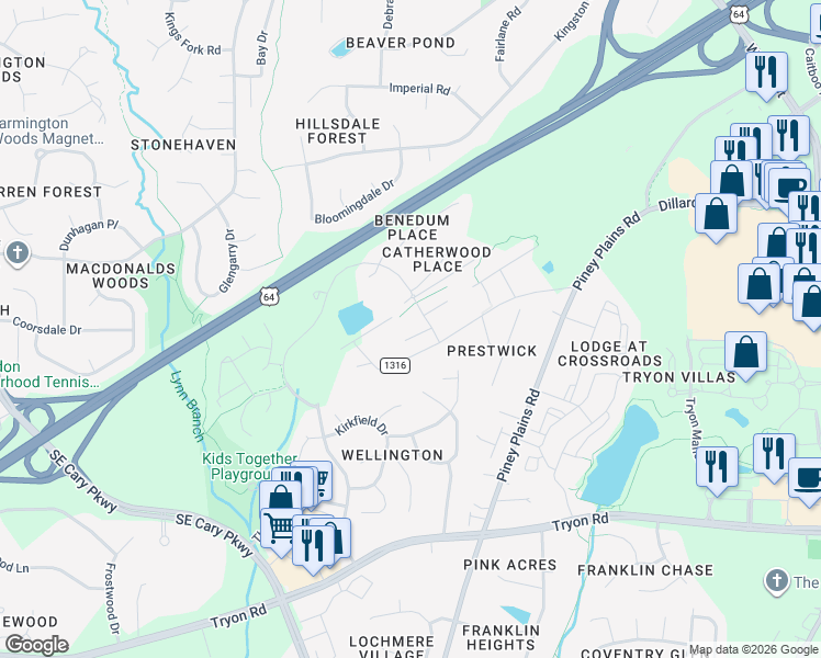 map of restaurants, bars, coffee shops, grocery stores, and more near 1308 Forest Park Way in Cary