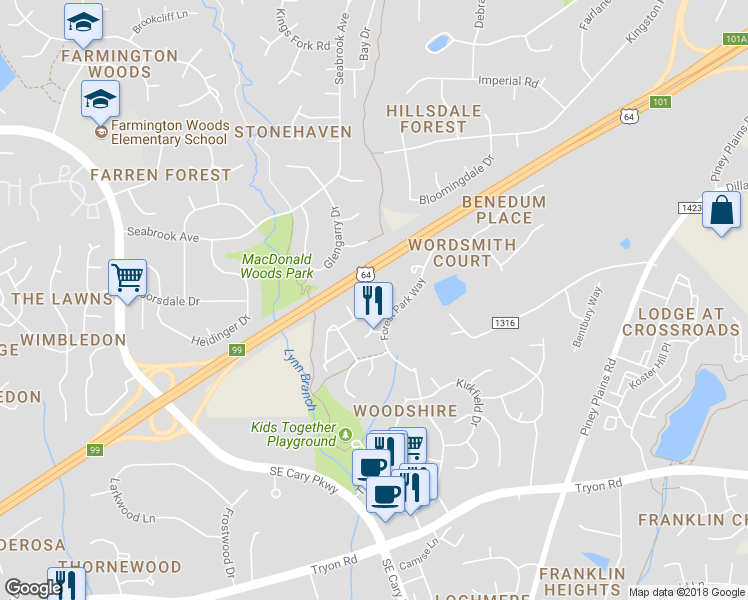 map of restaurants, bars, coffee shops, grocery stores, and more near 1223 Renshaw Court in Cary