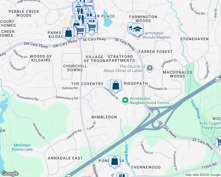 map of restaurants, bars, coffee shops, grocery stores, and more near 111 Lacoste Lane in Cary