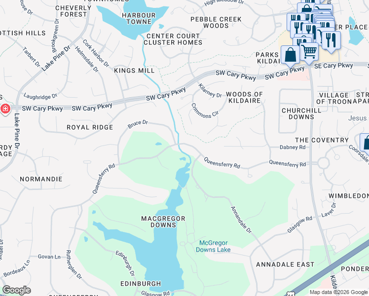 map of restaurants, bars, coffee shops, grocery stores, and more near 306 Queensferry Road in Cary