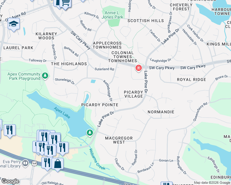 map of restaurants, bars, coffee shops, grocery stores, and more near 209 Kilmorack Drive in Cary
