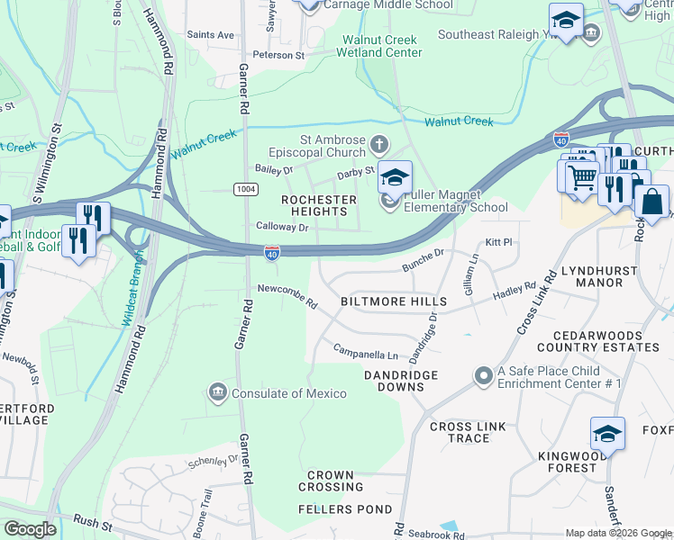 map of restaurants, bars, coffee shops, grocery stores, and more near 709 Bunche Drive in Raleigh