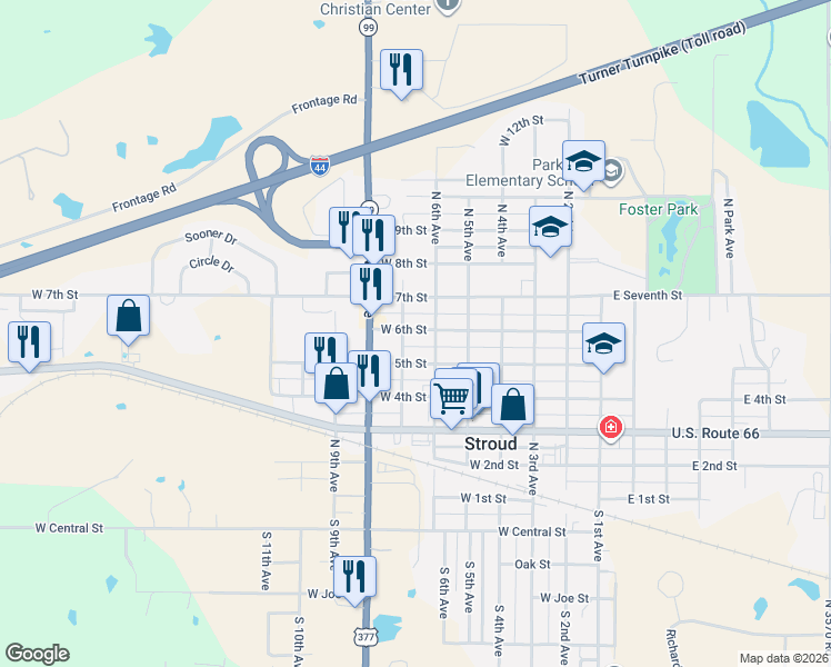 map of restaurants, bars, coffee shops, grocery stores, and more near 701 West 6th Street in Stroud