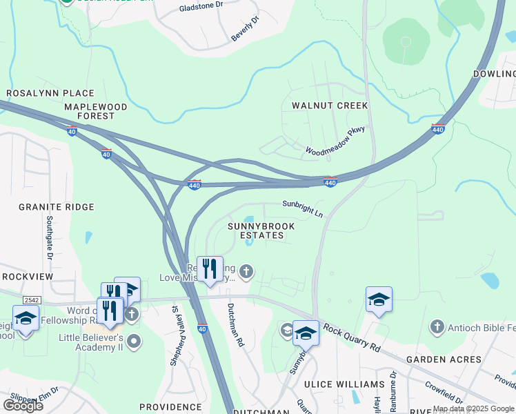 map of restaurants, bars, coffee shops, grocery stores, and more near 3418 Sunbright Lane in Raleigh