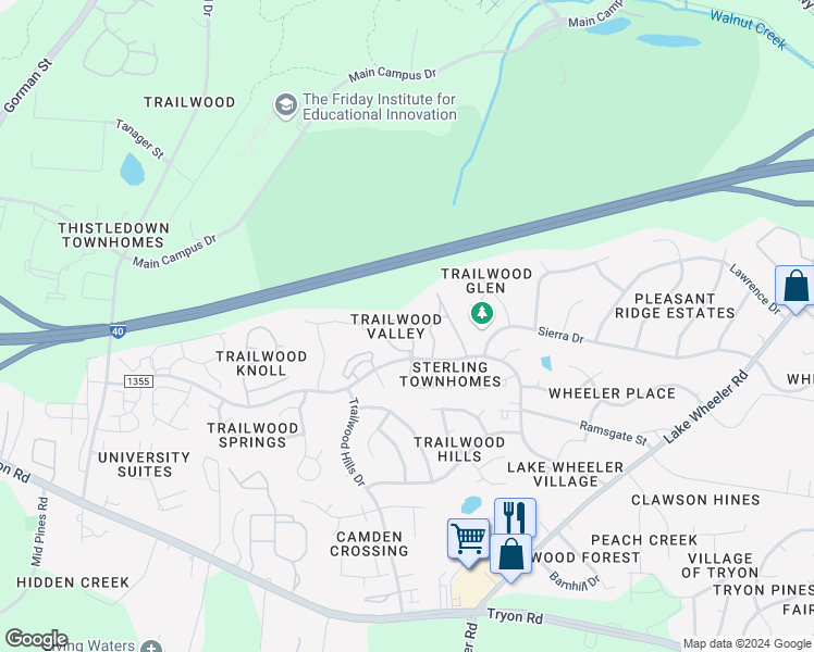 map of restaurants, bars, coffee shops, grocery stores, and more near 2204 Long and Winding Road in Raleigh