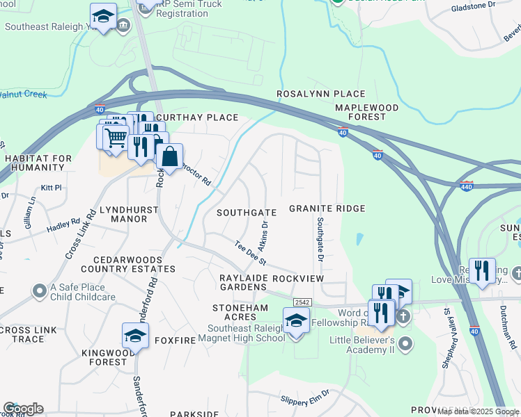 map of restaurants, bars, coffee shops, grocery stores, and more near 2012 Atkins Drive in Raleigh