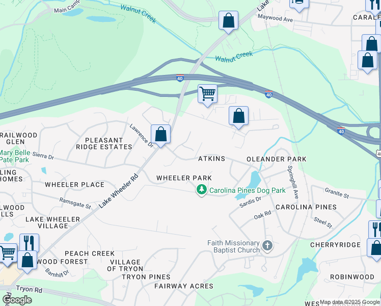 map of restaurants, bars, coffee shops, grocery stores, and more near 1511 Creekwood Court in Raleigh